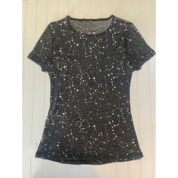 NWT MANGOPOP Collection SHEER Black Silver Stars Top Short Sleeve NYE - Size XL - Picture 7 of 8